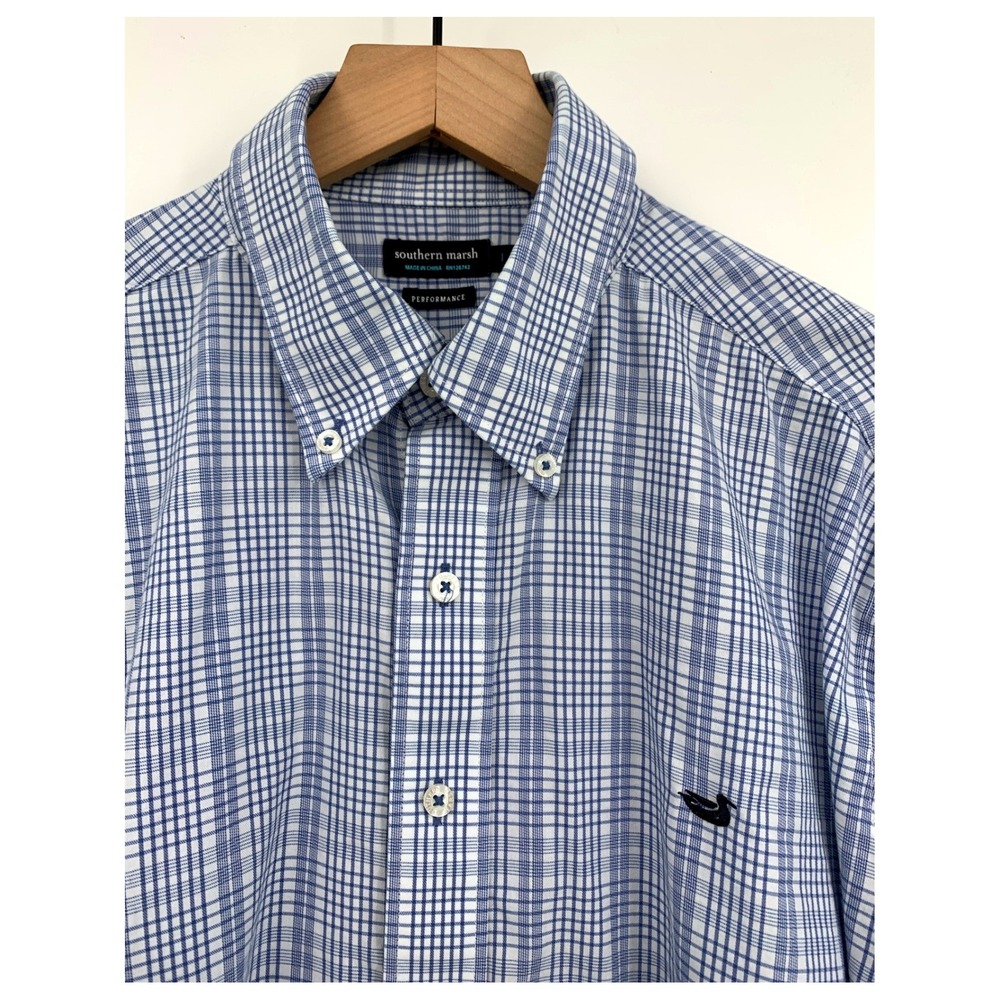 Southern Marsh Shirt Mens Large Blue Plaid Performance Long Sleeve Preppy